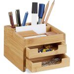 Organiseur de bureau bambou distributeur de bureau porte - stylos 2 tiroirs hxlxp: 9, 5 x 12, 5 x 15 ...