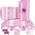 Papier cadeau, papier cadeau anniversaire 85 * 60cm, 4 feuille avec 4 noeud papillon rose, 2 carte anniversair ...