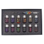 Porte plume en verre accompagn� de ses 12 flacons d'encres de couleurs, ensemble papeterie, fournitures ...
