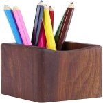 Pot a crayons en bois naturel - 7 x 7 x 10 cm - noyer noir et htre - organiseur de bureau pour stylos ...