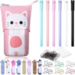 Set de papeterie de chat mignon, 1 sac a stylo t�lescopique en toile etui a crayons transformateur, 6 ...
