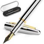 Stylo plume, stylos - plume argent� - or de luxe, plume moyenne 0, 7 mm avec convertisseur d'encre, etui ...