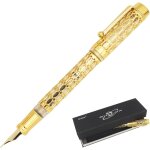 Stylo plume dor� ajour� avec bo�te cadeau, bouchon a vis, corps transparent, pointe extra fine