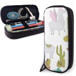 Trousse �� crayons en cuir blanc avec motif de cactus, lamas, pochette �� crayons mignonne, organiseur ...
