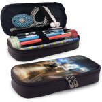 Trousse a crayons en cuir durable avec fermeture eclair motif tournesol