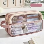 Trousse a crayons transparente double couche, sac a stylos, pochette de rangement carre de couleur pour ...
