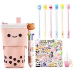 Trousse scolaire enfants kit, 1 bubble tea perles plumier / porte stylo, 1 porte clef, 6 stylos gel, ...
