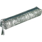 Trousse slim cleste 19, 5x2, 5x4 cm en vritable cuir d'agneau, serpent vert et argent