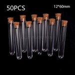 Tubes a essai a fond rond en plastique transparent, 50 pi�ces / lot, 12x60mm, avec bouchons en li�ge, ...
