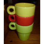 3 tasses a caf� , expresso - empilables , en fa�ence color�e , 05x 06cm environ - vert pomme, rouge , ...