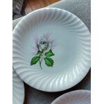 6 assiettes blanches  ; 1 rose  ; en motif central