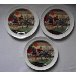 Assiettes (3) en porcelaine vintage motif naif estampillage l m l. limoges france diam�tre 19cm.