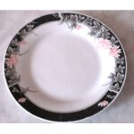 Assiette ancienne porcelaine h fine china - bandeau noir avec fleurs de camlias roses et feuilles grises ...