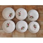 Assiettes creuses vintage en fa�ence fine blanche avec un d�cor de roses, mod�le  ; rosemay ; moulin ...