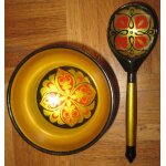 Bol et cuill�re en bois peints motifs chinois bol diam�tre 10, 5 hauteur 6 cuill�re 18, 5 cm largeur ...