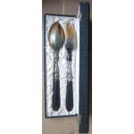 Couverts a salade anciens en corne mtal argent et bois cuillre et fourchette dans leur coffret aug ...