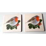 Deux cartons d�coratifs pouvant servir de dessous verre orn�s d'un tr�s joli rouge - gorge sur une branche ...