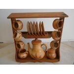 Ensemble pichet pot a lait sucrier 6 tasses + 6 sous tasses en terre cuite verniss�e + support en bois ...