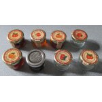 Huit mini pots en verre avec couvercle - diamètre 4cm - hauteur 3. 5 / 4cm - joli feston au - dessous ... Huit mini pots en verre avec couvercle - diamètre 4cm - hauteur 3. 5 / 4cm - joli feston au - dessous ...
