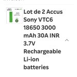Lot de 2 accus 30a battery, 3000 mah sony vtc6 18650 3000 mah 30a inr 3. 7v rechargeable li - ion batteries ...