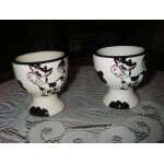 Lot de 2 coquetiers en c�ramique, d�cor en relief   vache joyeuse  , coloris blanc cass�, taches noires, ...