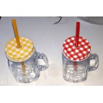 Lot de 2 verres a boire avec couvercles petits carreaux et pailles assorties (jaune + rouge) - environ ...