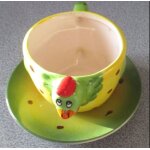 Mini pot / tasse de cramique - jaune et vert avec la tte d'un oiseau - anse de tenue - hauteur 6cm ...