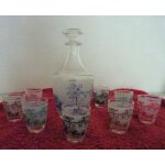 Service a liqueur 9 pices en verre vintage dcor faon toile de jouy