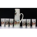 Service a orangeade en opaline� orval �: carafe + 6 verres, motifs: cal�ches et voitures a chevaux