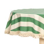 Nappe ronde avec franges en popeline de coton bio � rayures vert 160 cm - nobodinoz