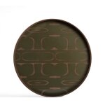 Plateau rond en verre s�rigraphi� vert mousse et placage teck marron 30x3cm - ethnicraft accessories