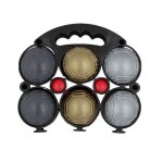 6 boules de p�tanque en plastique couleur m�talis�e avec son panier de transport