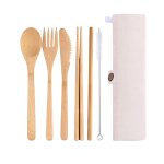 7 pi�ces / ensemble vaisselle portable ensemble bambou couteau fourchette cuill�re en plein air camping ...