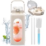 Apt - 1900ml gourde en verre avec paille et poigne marqueur de temps et coque en silicone, motivationnel ...