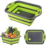 Assiette et planche a découper pliables en plastique 4 en 1, evier de camping pliable, vert Assiette et planche a découper pliables en plastique 4 en 1, evier de camping pliable, vert