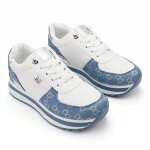 Baskets femme, en cuir ecologique, ps048, blanc avec bleu 39 eu