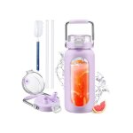 Bouteille en verre borosilicat� 1, 9 l time maker - violette, etui silicone, paille & poign�e inox, etanche ...