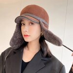 Casquette de baseball en cuir pour femme, chapeau en fourrure, laine d'agneau, chaud, optique, oreillettes, ...