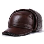Casquette d'hiver en cuir de vache vritable pour hommes, chapeau de bombardier russe marron, casquette ...