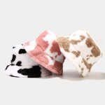 Chapeau de p�cheur a motifs de vache pour femmes, en peluche, epais et chaud, seau, dessin anim�
