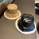 Chapeaux seau en cuir pu pour femmes, chapeau panama epais et chaud en peluche, casquette de pcheur ...