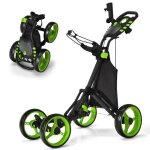 Chariot de golf 4 roues pliable a pousser ou a tirer costway - sac impermable - frein a pied - porte ...