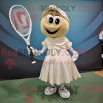 Costume de mascotte redbrokoly de raquette de tennis cr�me habill� d une jupe trap�ze et d epingles a ...