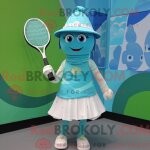 Costume de mascotte redbrokoly de raquette de tennis turquoise habill avec une mini - jupe et des epingles ...