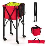 Costway chariot de balle de tennis pliable en aluminium lger roulant, sac amovible, poches latrales, ...