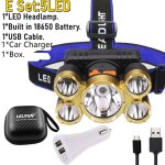 E emballage - 5led - lampe frontale portable a 5led avec batterie 18650 intgre, rechargeable par usb, ...