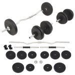 Ensemble haltres et barre curl 30 kg acier ciment noir lot 1