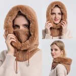 Ensemble de masques a capuche en fourrure pour femme, bonnet en cachemire tricot, chaud, ski en plein ...