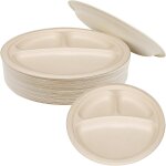 Ershi - lot de 50 grandes assiettes en carton bagasse rondes avec 3 compartiments, super rigides, recyclables, ... Ershi - lot de 50 grandes assiettes en carton bagasse rondes avec 3 compartiments, super rigides, recyclables, ...