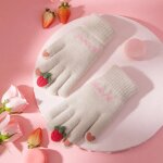 Gants tricots a la fraise pour femmes, mitaines mignonnes pour etudiantes, pour le cyclisme, avec ecran ...